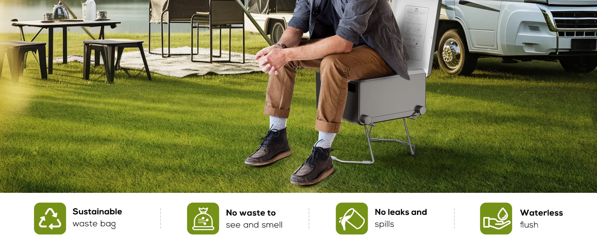 a man is sitting on the Modiwell toilet near the van