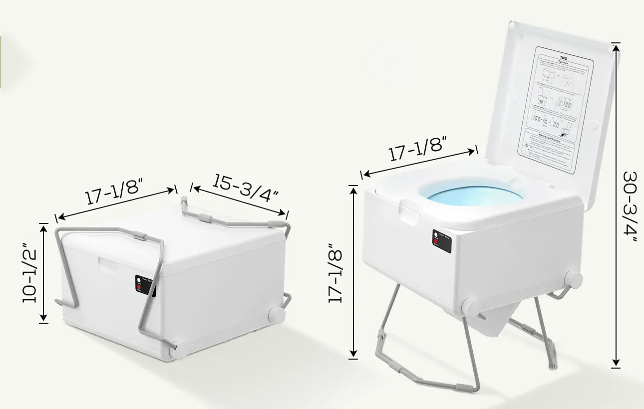 Modiwell portable toilet compact dimensions and unfolded dimensions