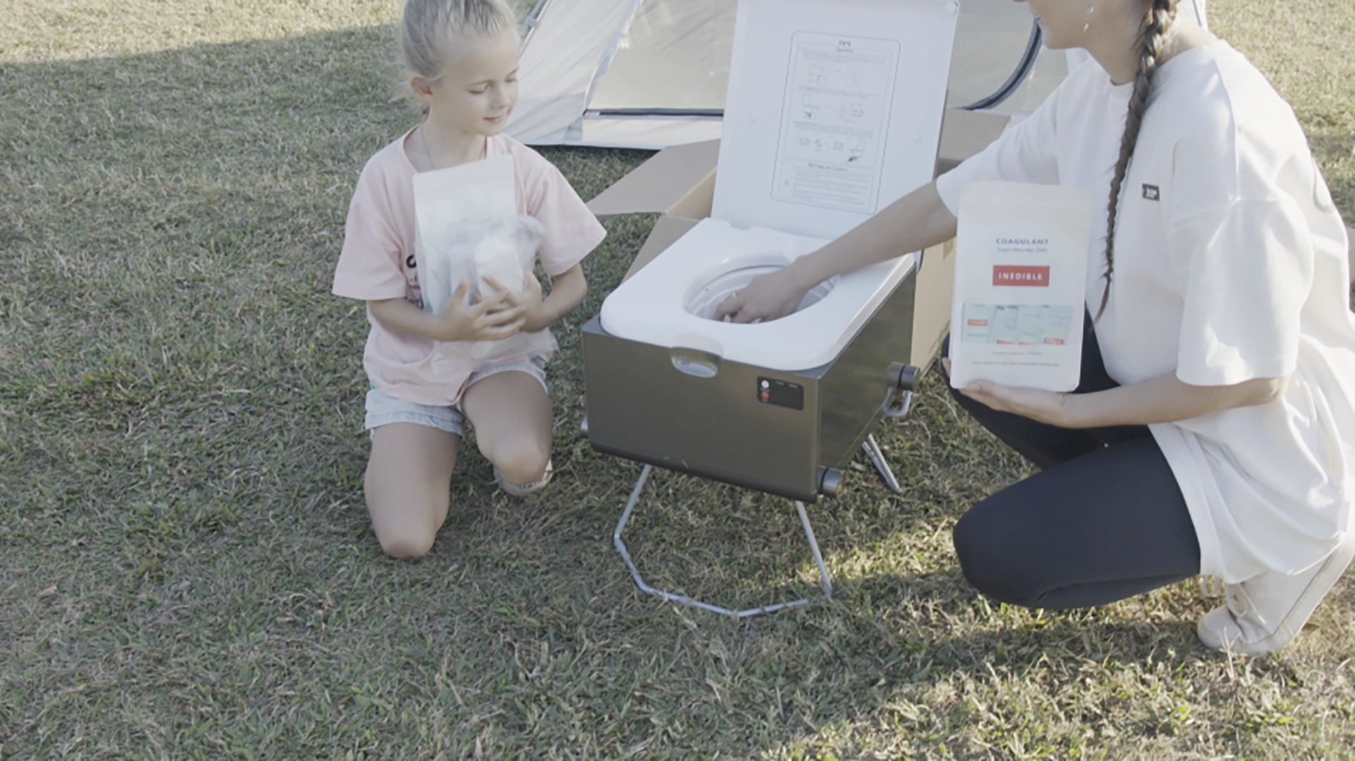 Modiwell portable camping toilet setup and storage